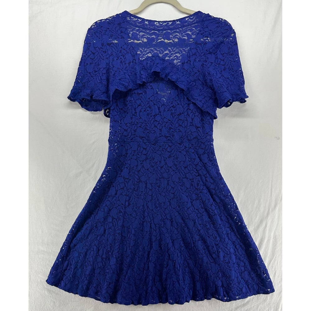 Intimately Free People Blue Lace Mini Dress Ruffle V-Neck XS Cobalt Boho Party